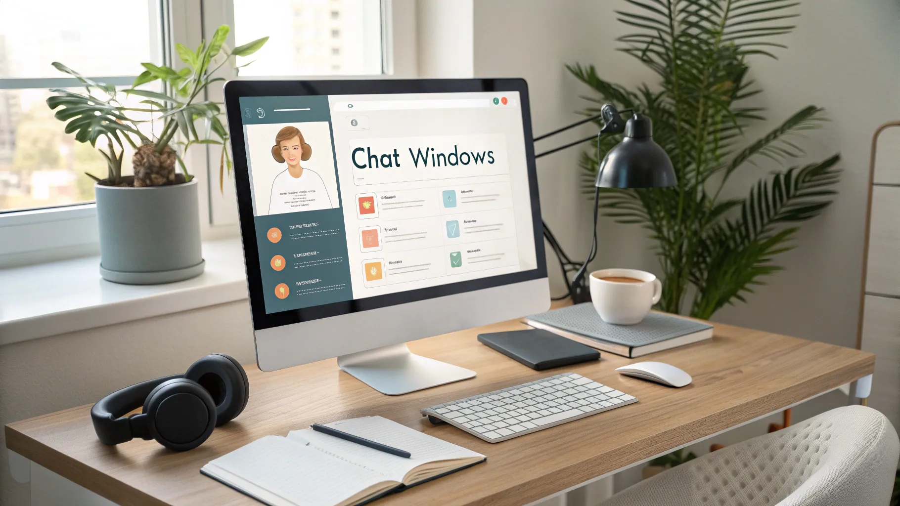 オンラインチャットサポートの仕事 efficient workspace with chat windows and calming decor.