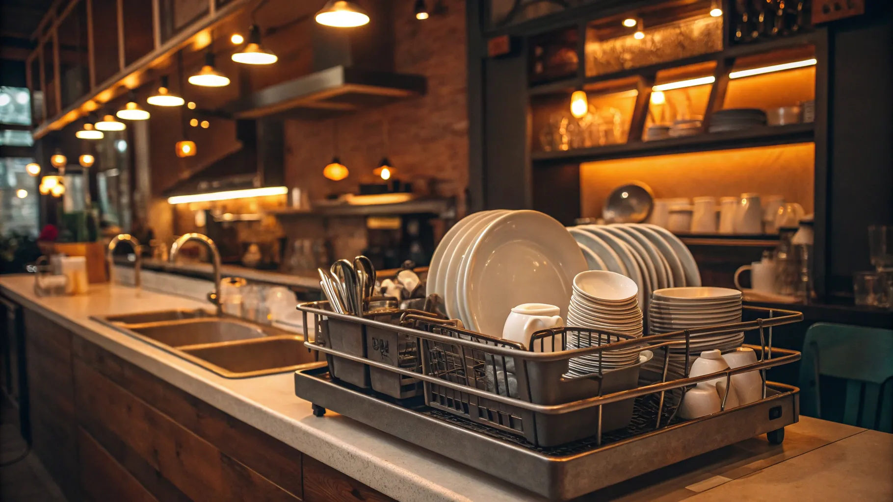 カフェでの高齢者向け皿洗いの仕事で賑わう温かい店内の光景