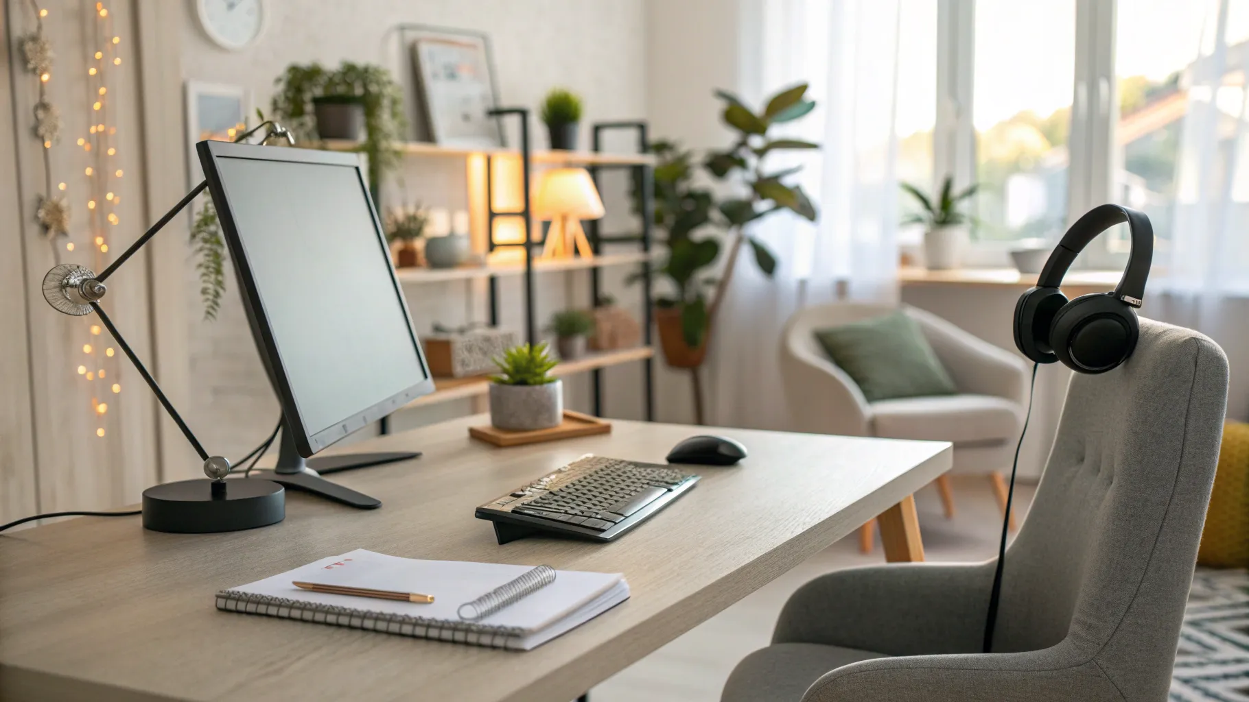 コールセンターの仕事 in a modern home office with a computer and headset on the desk.
