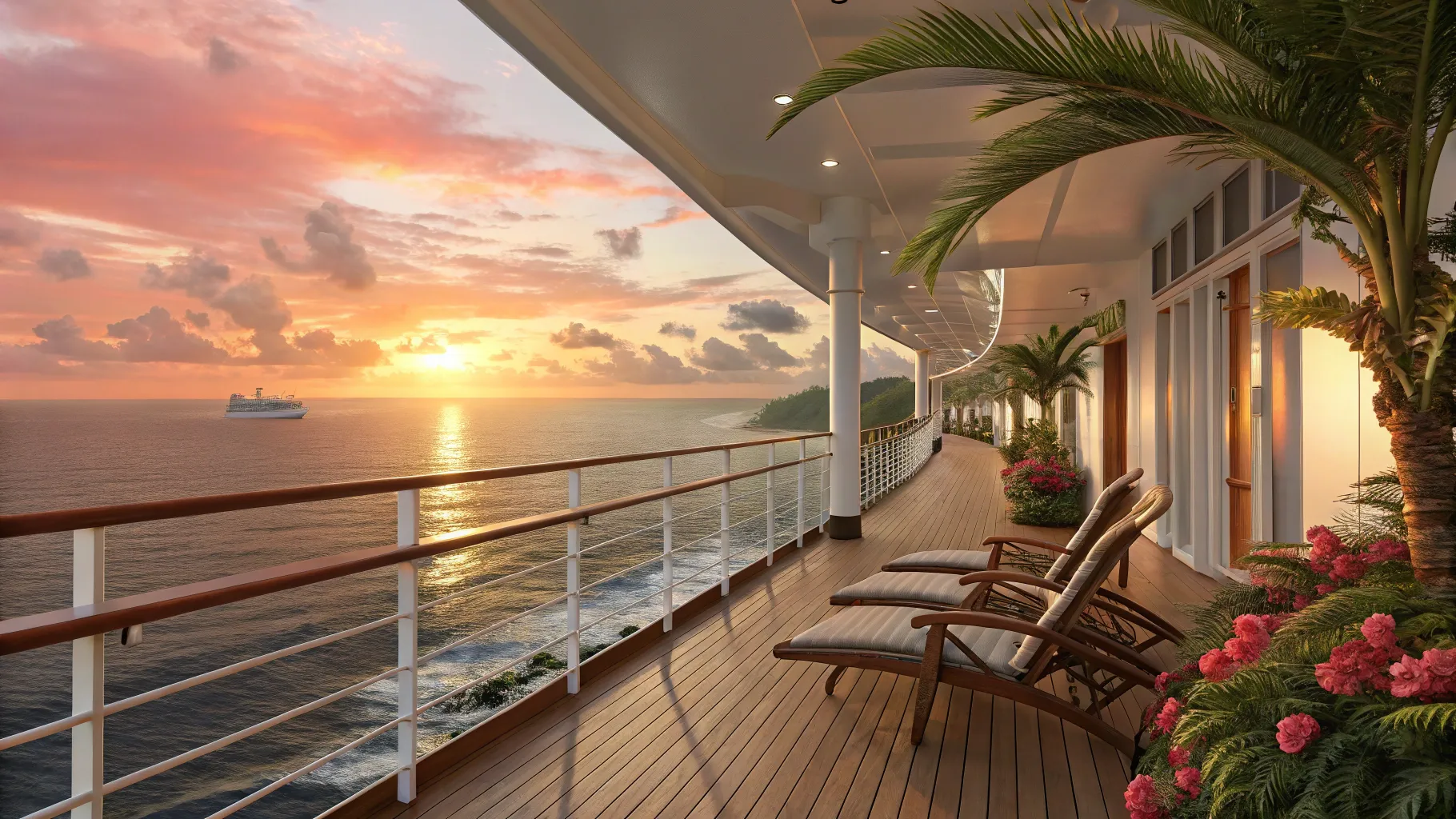 高齢者向けクルーズ serene deck view with chairs and sunset over the ocean.