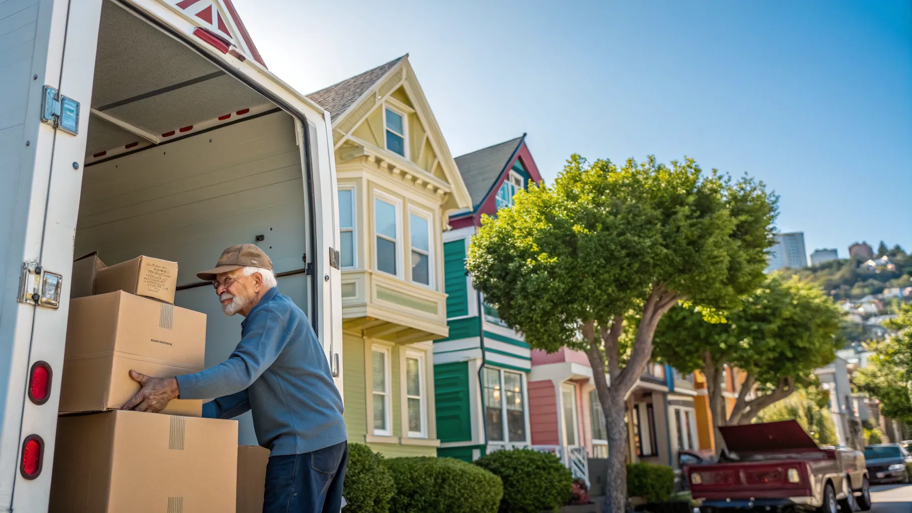 シニア向け配送ドライバーの求人と魅力　A senior driver loads packages in a vibrant neighborhood.