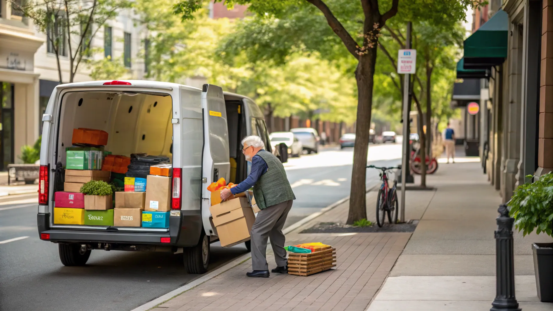シニア 配達ドライバー 求人 A senior driver organizes packages in a delivery van on the street.