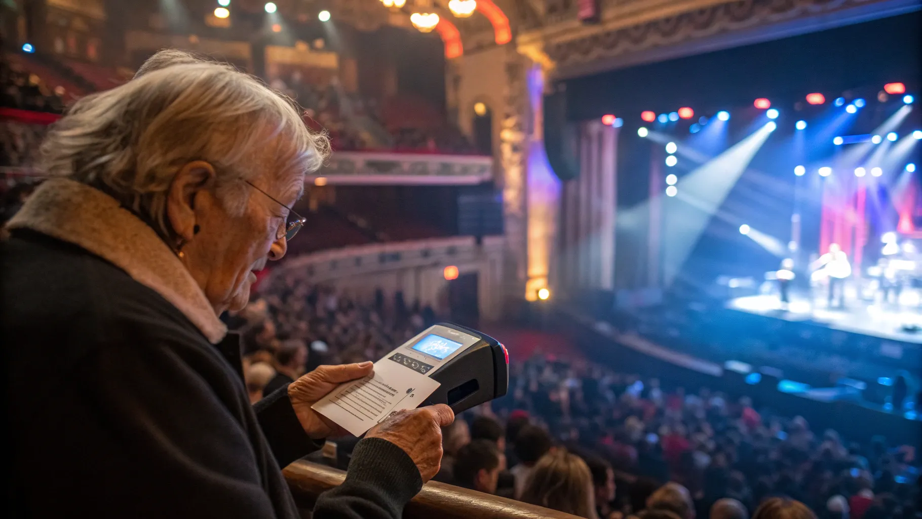 Ticket Checker Jobs for Seniors, showcasing a senior checking tickets at a vibrant concert.