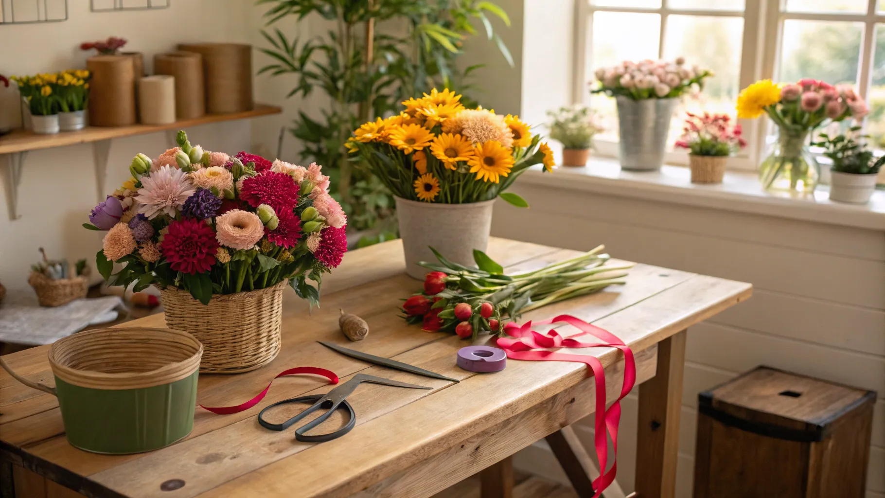 Flower Arranger Jobs for Seniors: A vibrant workplace with flowers and arranging tools.