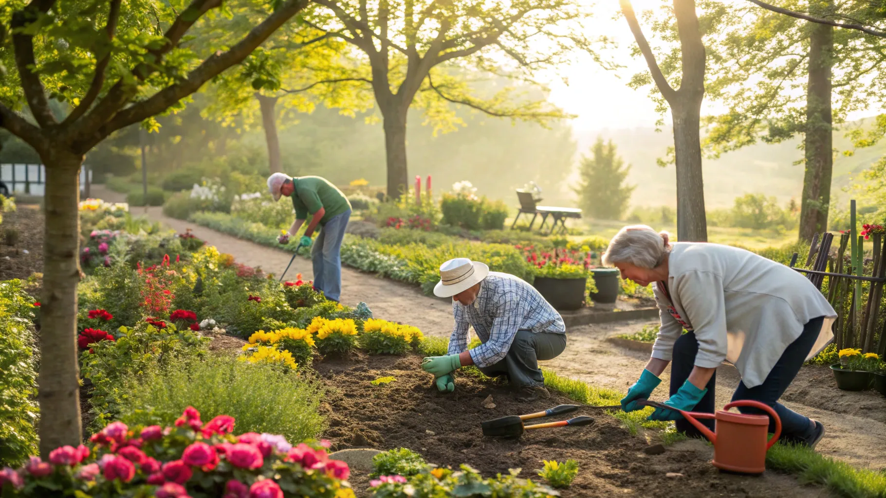 シニア向けガーデニングの仕事: A peaceful garden with vibrant flowers and gardening activities.