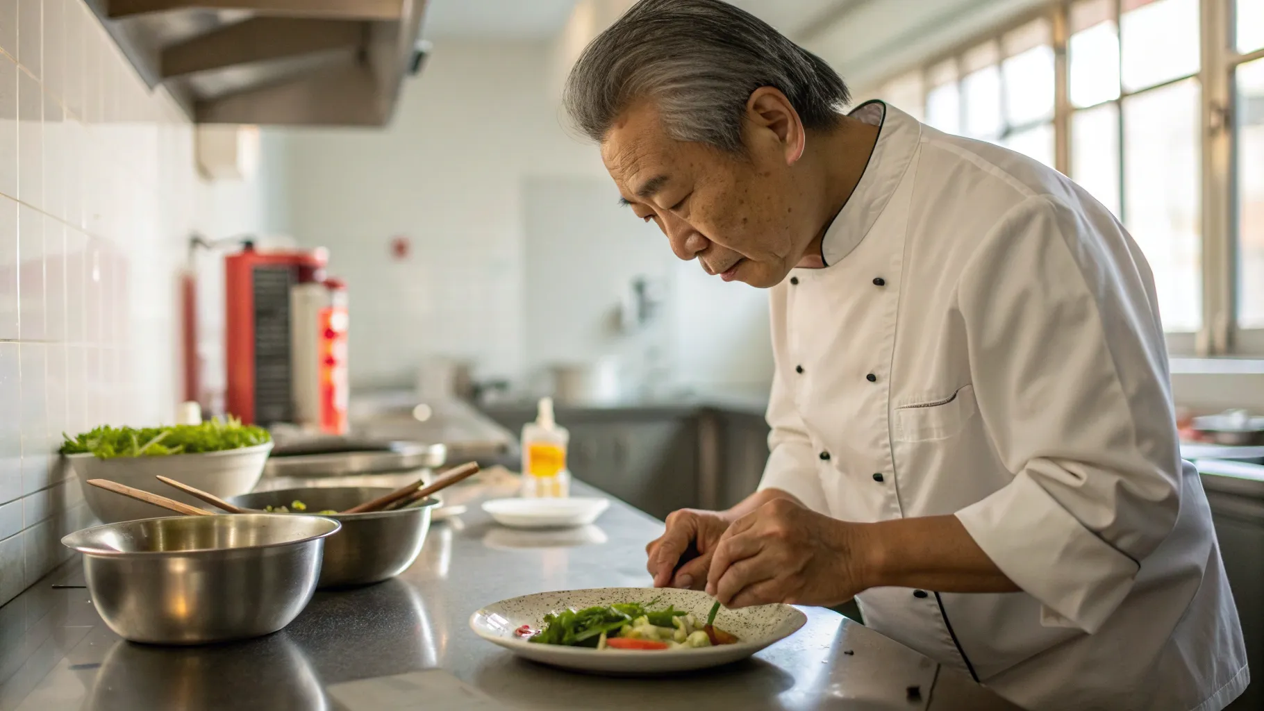 シニア向けシェフの仕事 in a warm kitchen with healthy meal preparation and fresh ingredients.