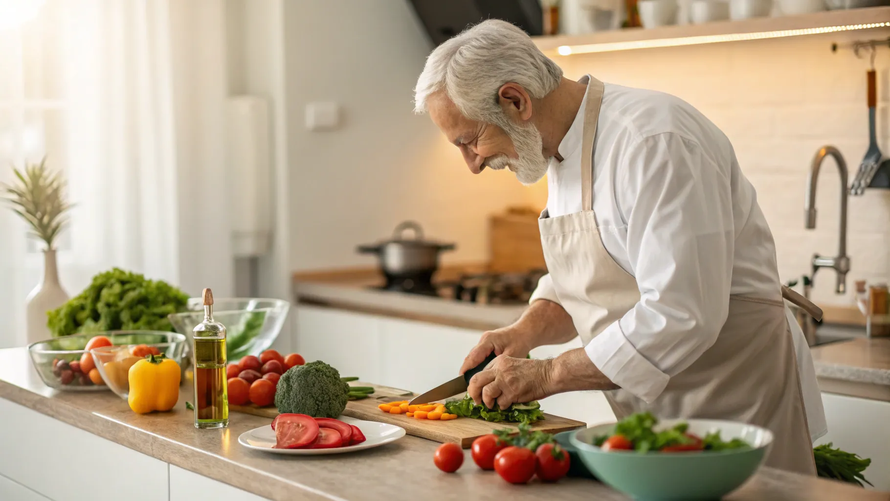 シニア向けシェフの役割: A chef creating nutritious meals in a warm kitchen environment.