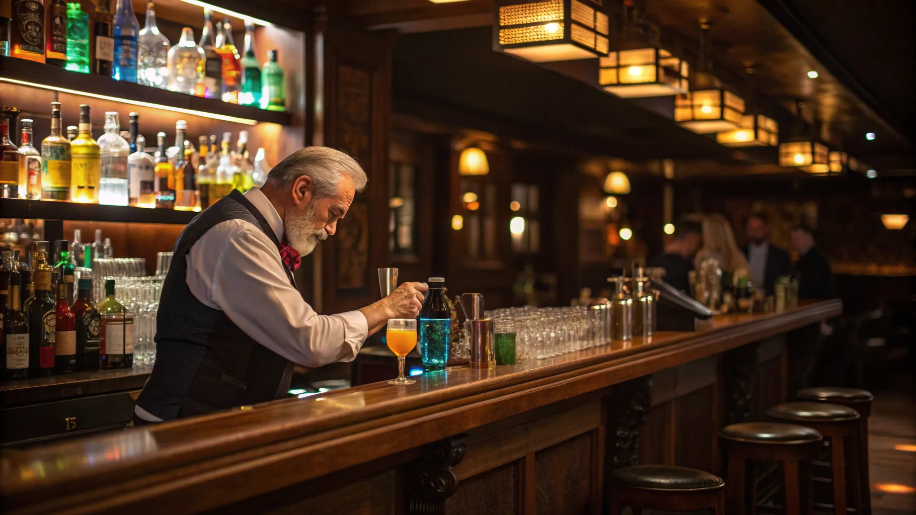 シニア向けバーテンダーの仕事: A warm and inviting bar scene with a skilled bartender.