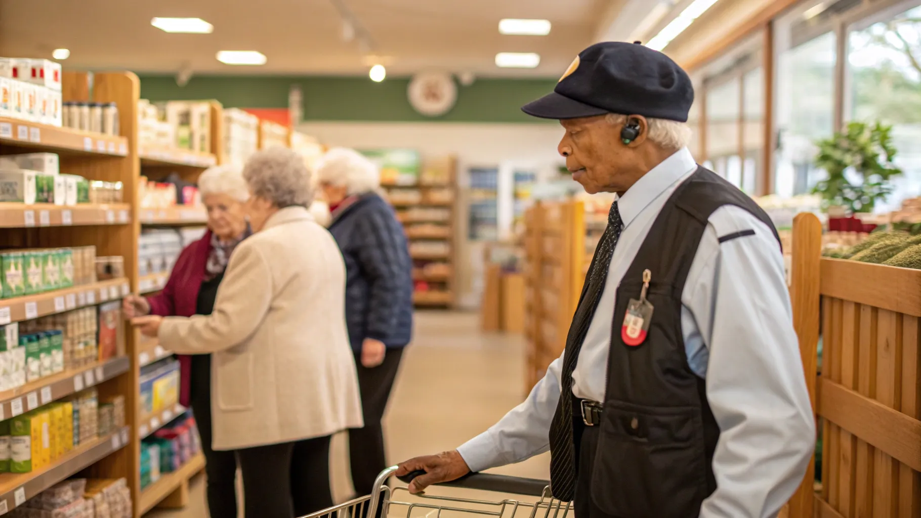 シニア向け店舗の警備の仕事 in a warm, inviting retail environment for seniors.
