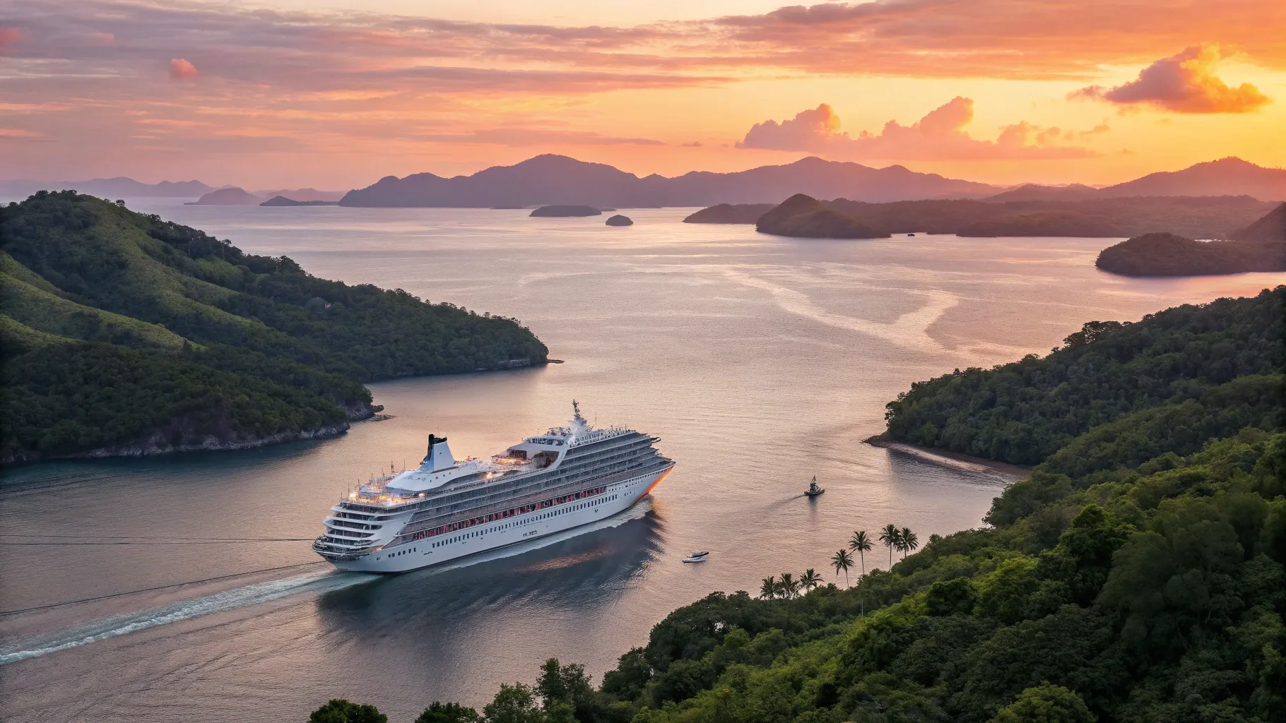 シニア向け東京発アジア12日間クルーズ on a luxury ship amidst tropical scenery.