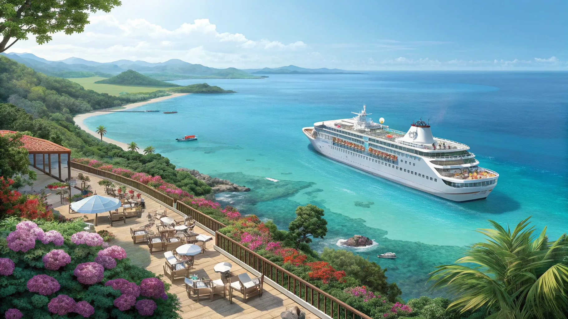 シニア向け東京発沖縄行きクルーズ Enjoying a peaceful view of turquoise waters and coast.