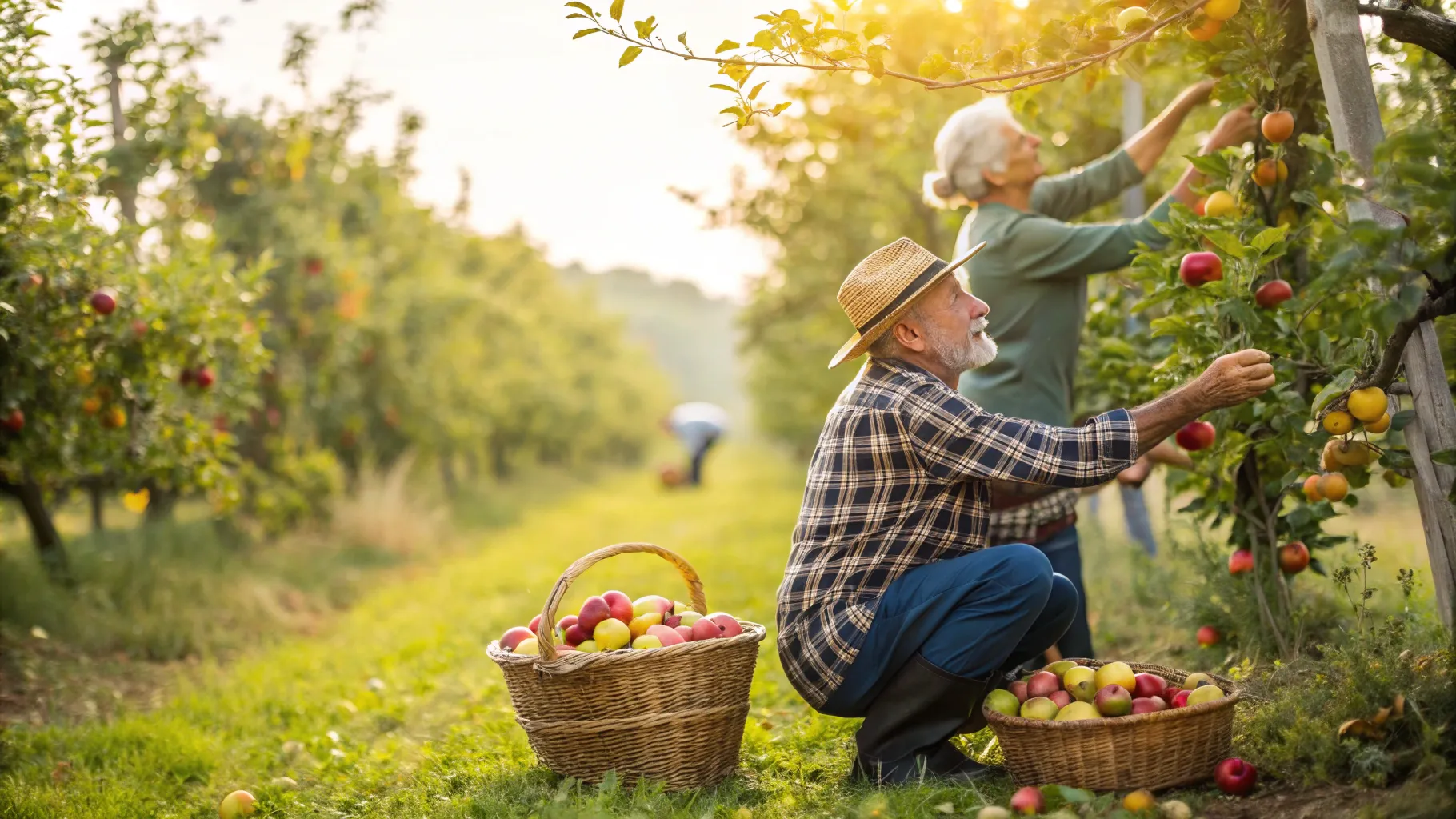 シニア向けの果物の仕分け・収穫の仕事 in a vibrant orchard with lush fruit trees.