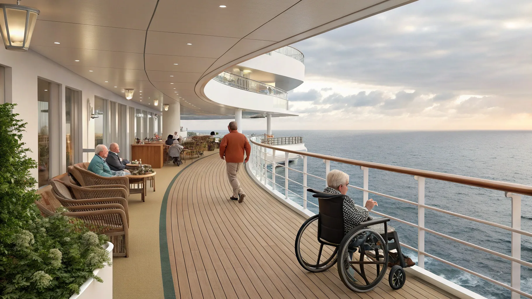 特別なニーズのあるシニア向けクルーズ deck with accessible features and ocean views.