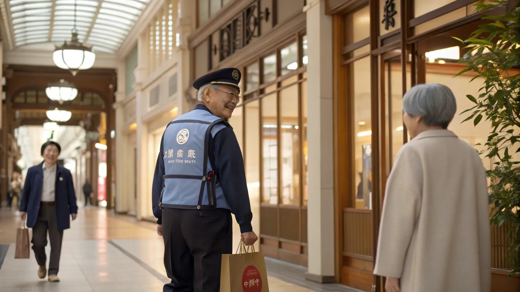 日本のシニア向け警備員の仕事が地域を支える姿を捉えた温かなシーン