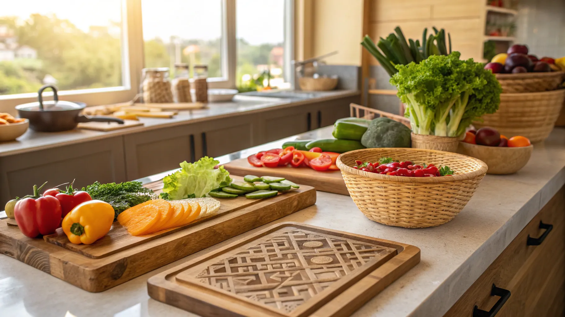 シニア向けレストランの野菜・果物準備の仕事 - Fresh vegetables and fruits in a cozy kitchen.