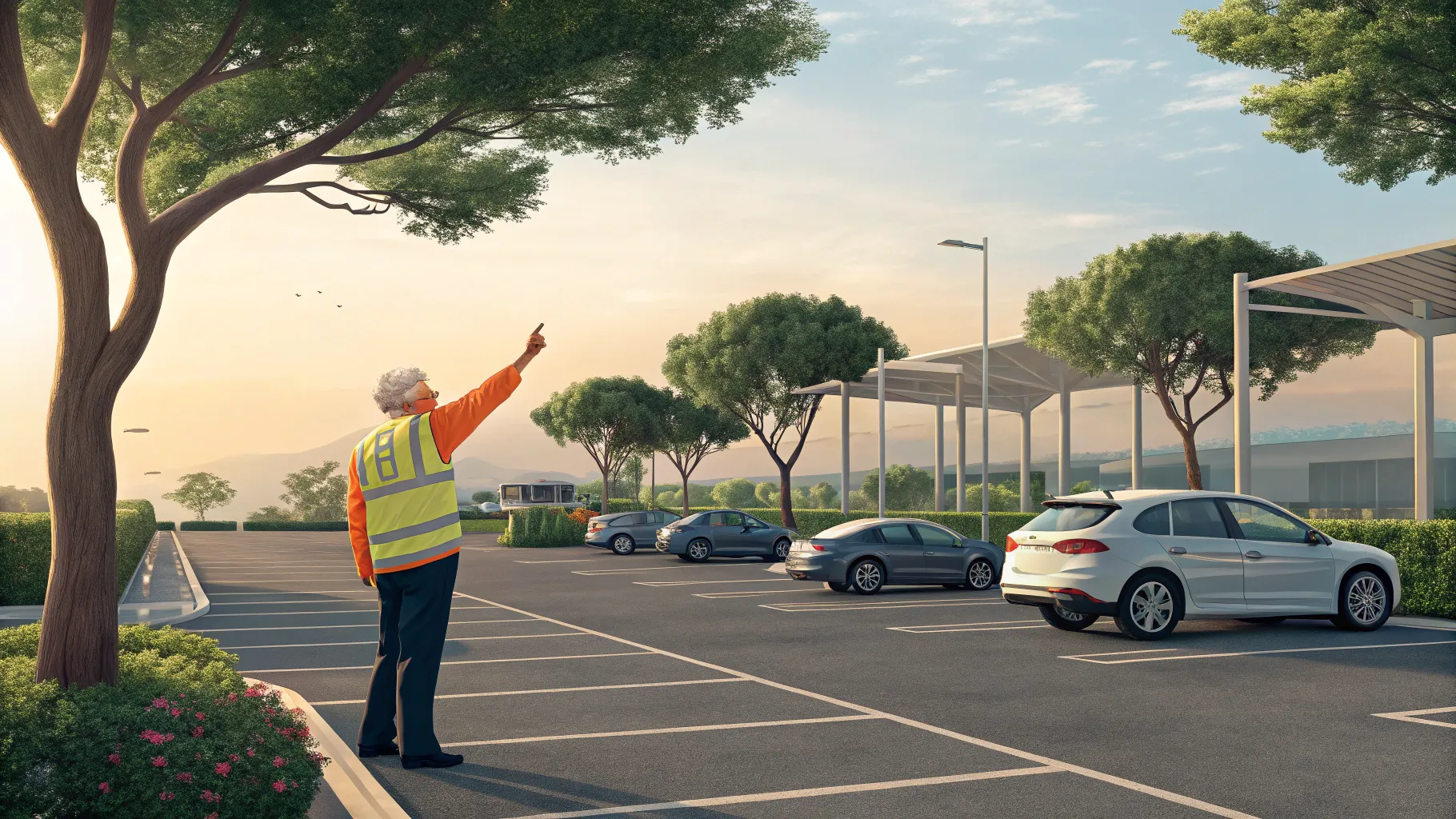 シニア向け駐車場警備スタッフの仕事 supports community interaction and safety.