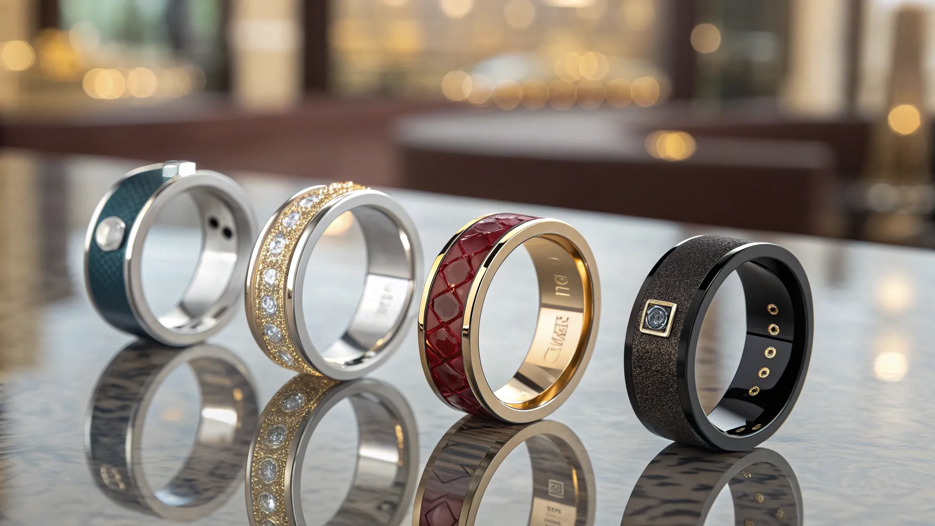 スマートリング購入ガイド Various stylish smart rings with intricate designs displayed.