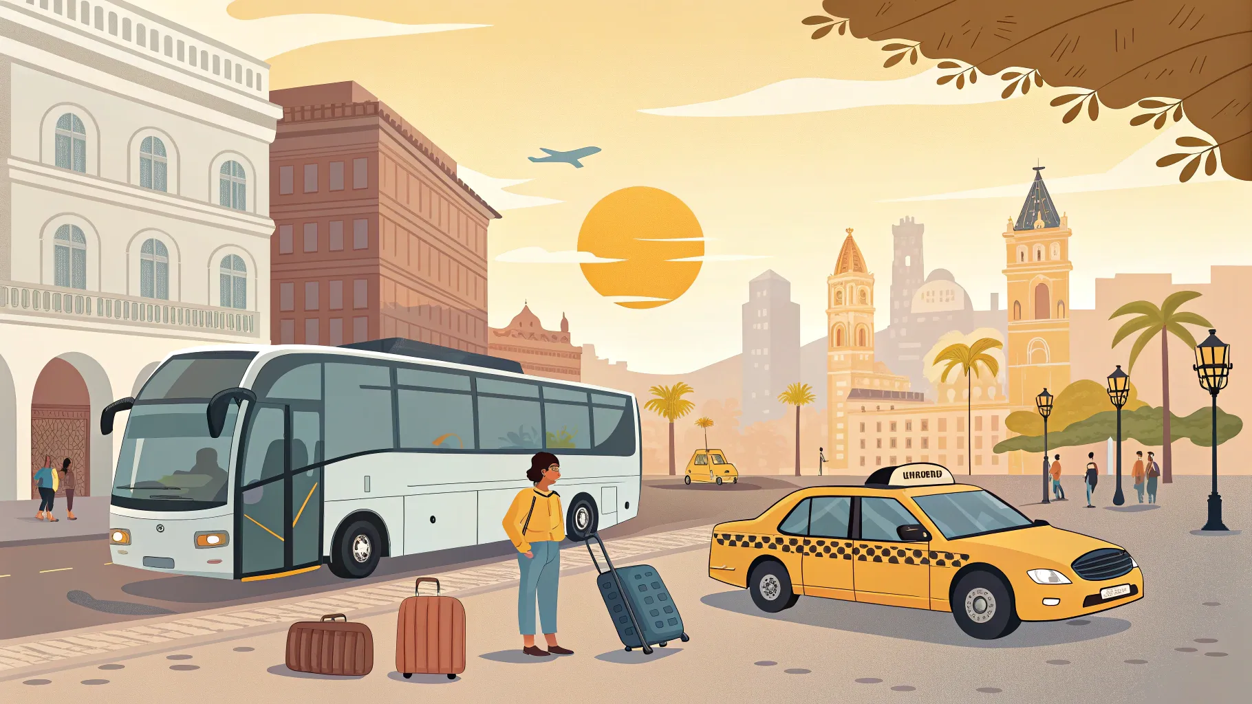 観光バスやタクシーのアシスタントの仕事 travelers receiving assistance in a busy city.