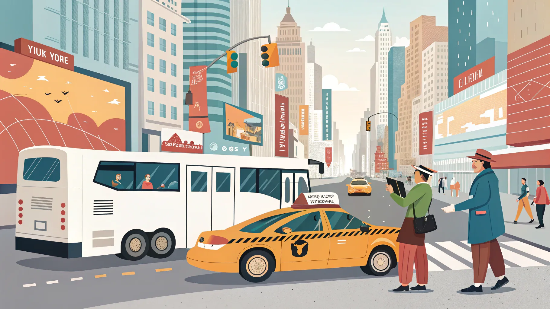 ツアーバスまたはタクシーアシスタントの仕事 assisting travelers in a bustling city.