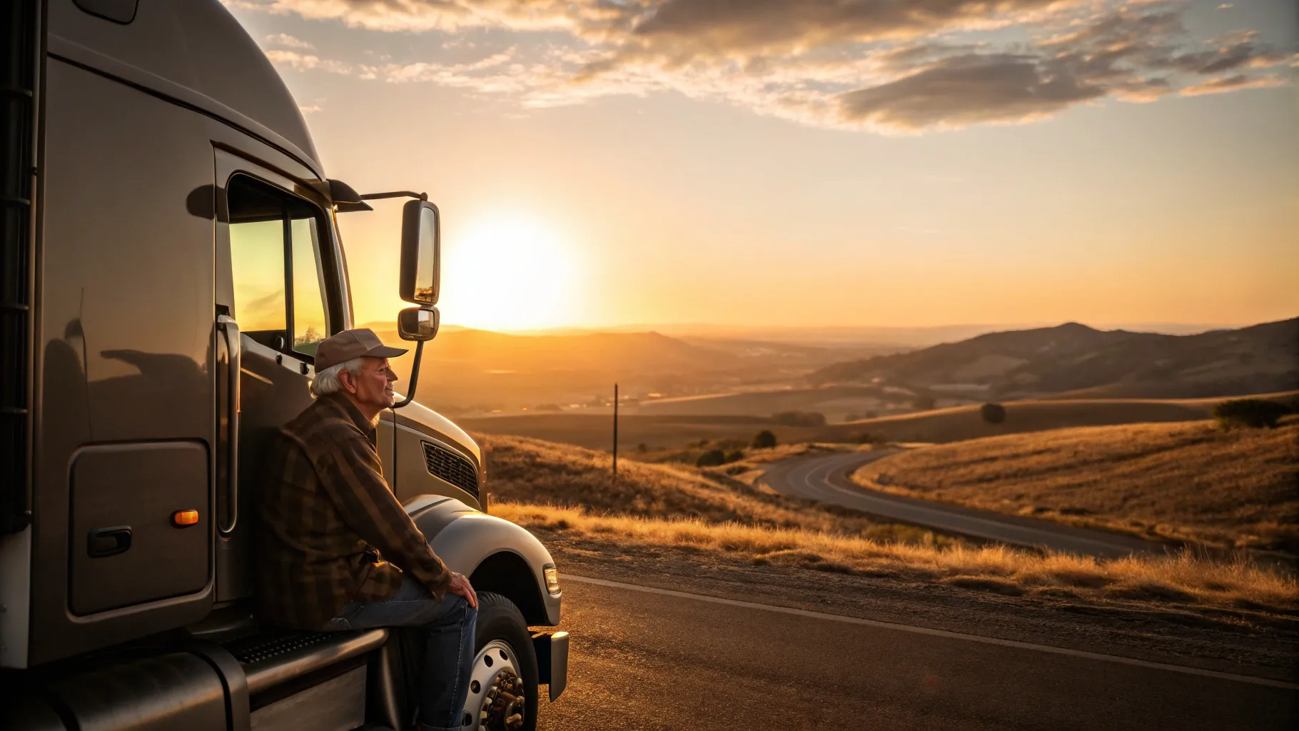 Truck Driving Jobs for Seniors depict a senior driver with a truck against a sunset backdrop.