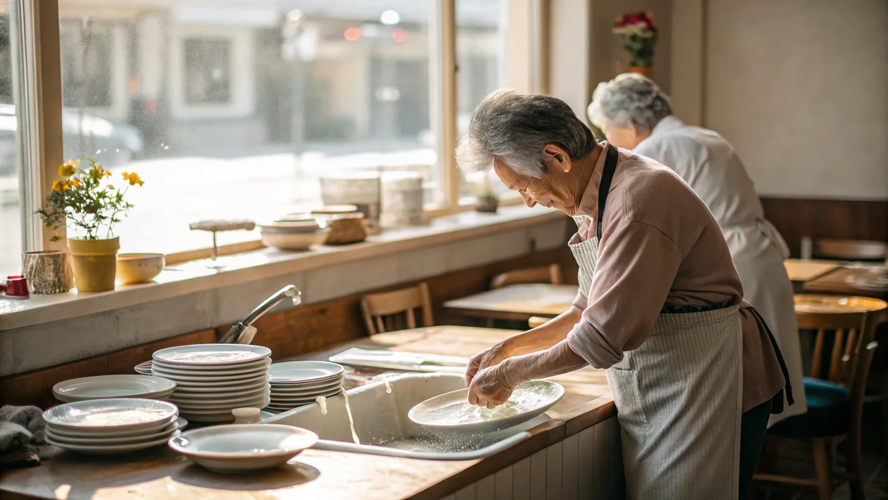 高齢者向けのパートタイム食器洗いの仕事 in a serene, well-lit kitchen setting.