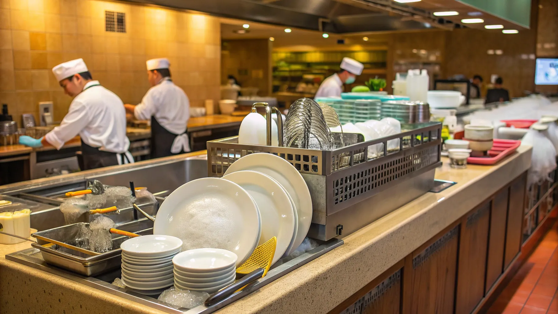 シニア向けレストランのパートタイム食器洗いの仕事 in a bustling kitchen with shiny utensils.