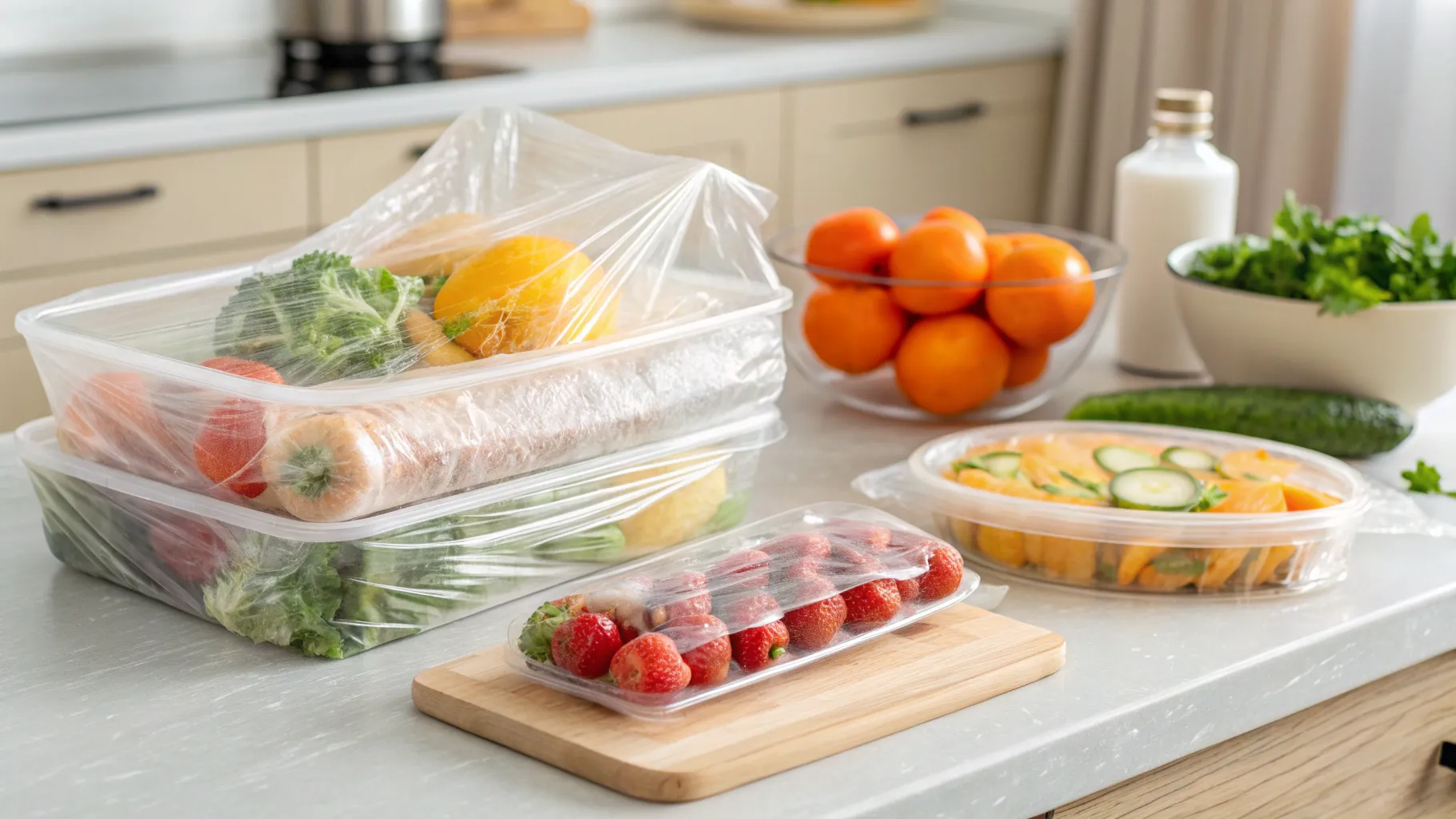 プラスチック食品用ラップ used to preserve vibrant fruits and vegetables on a countertop.