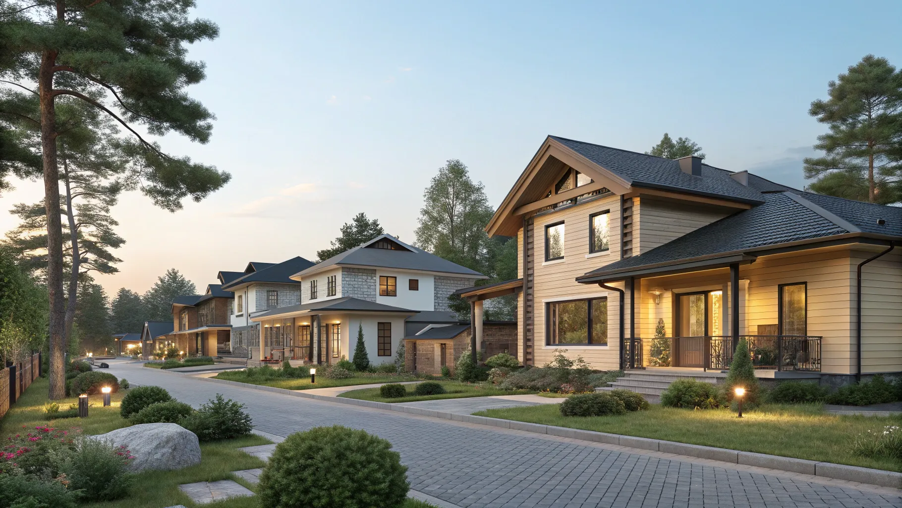 プレハブ住宅 display diverse styles in a charming suburban setting.