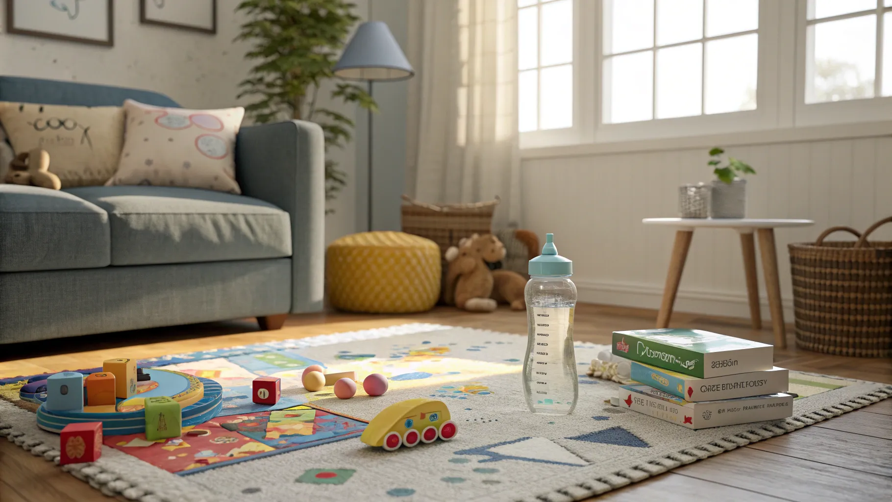 ベビーシッターの仕事 in a playful living room with toys and children's books.