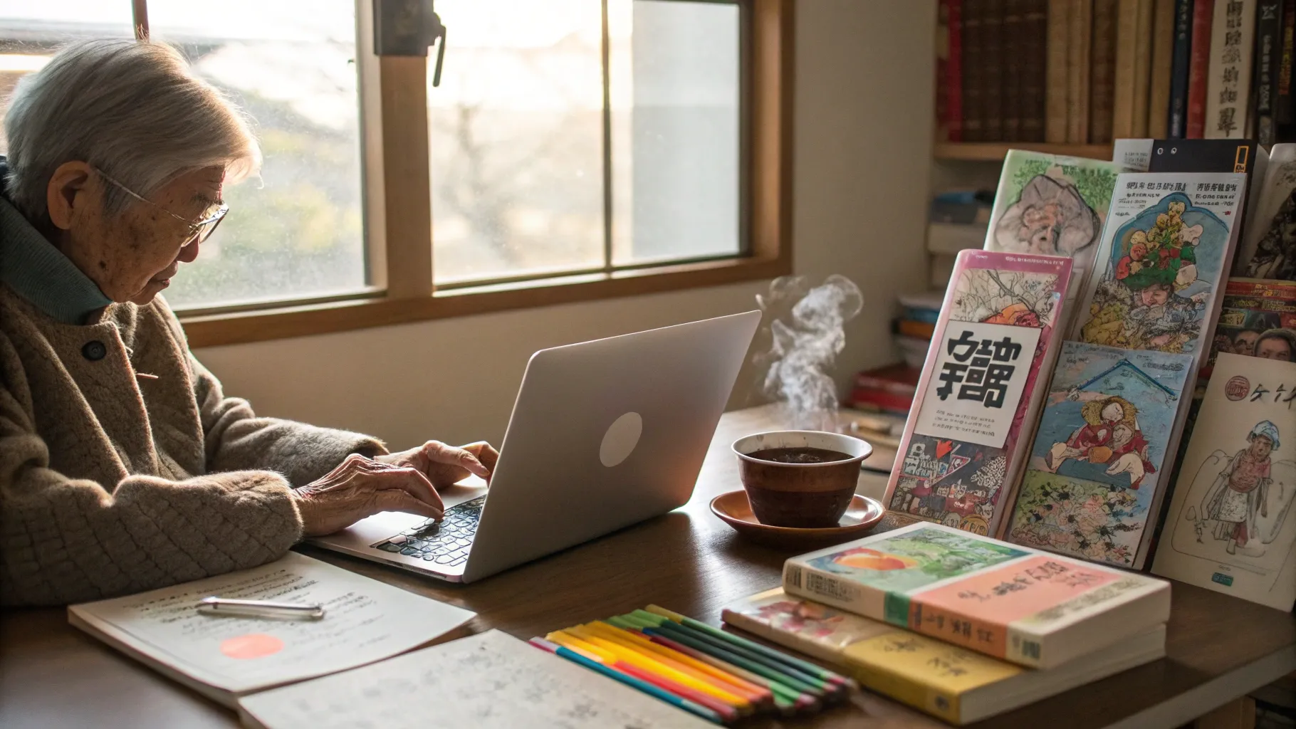 Manga Translator Jobs for Seniors featuring a cozy workspace with books and notes.