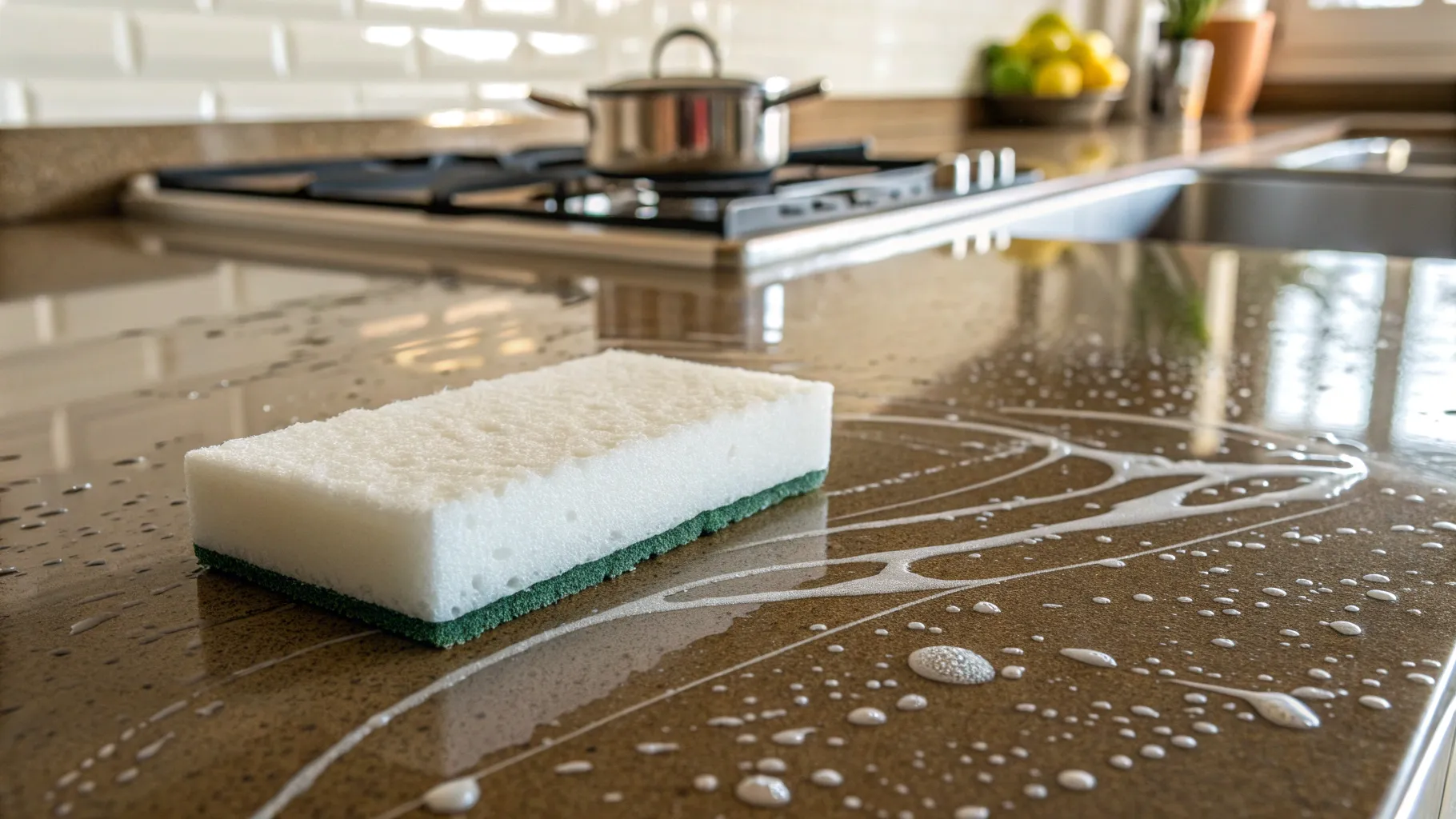 掃除用メラミンスポンジ effortlessly removes stains from a kitchen countertop.