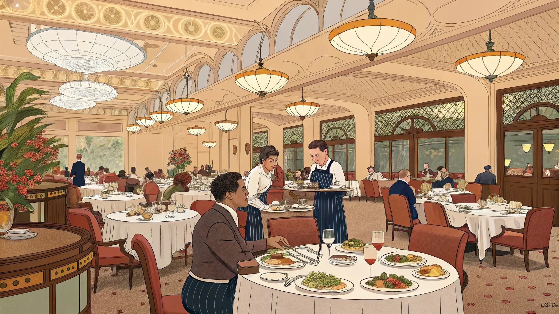 レストランのウェイターはどれくらいの給与？ Elegant dining scene with busy atmosphere.