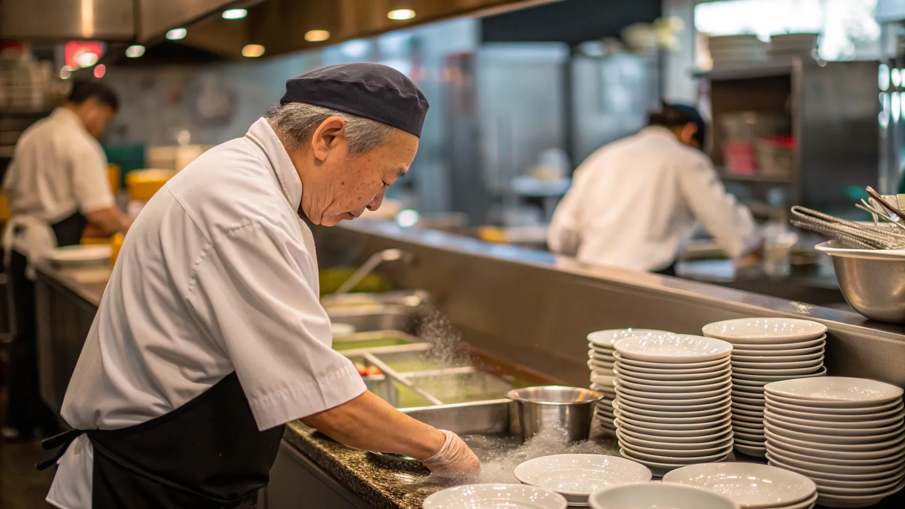 シニア向けレストランの食器洗いの仕事が行われている温かい雰囲気のキッチン