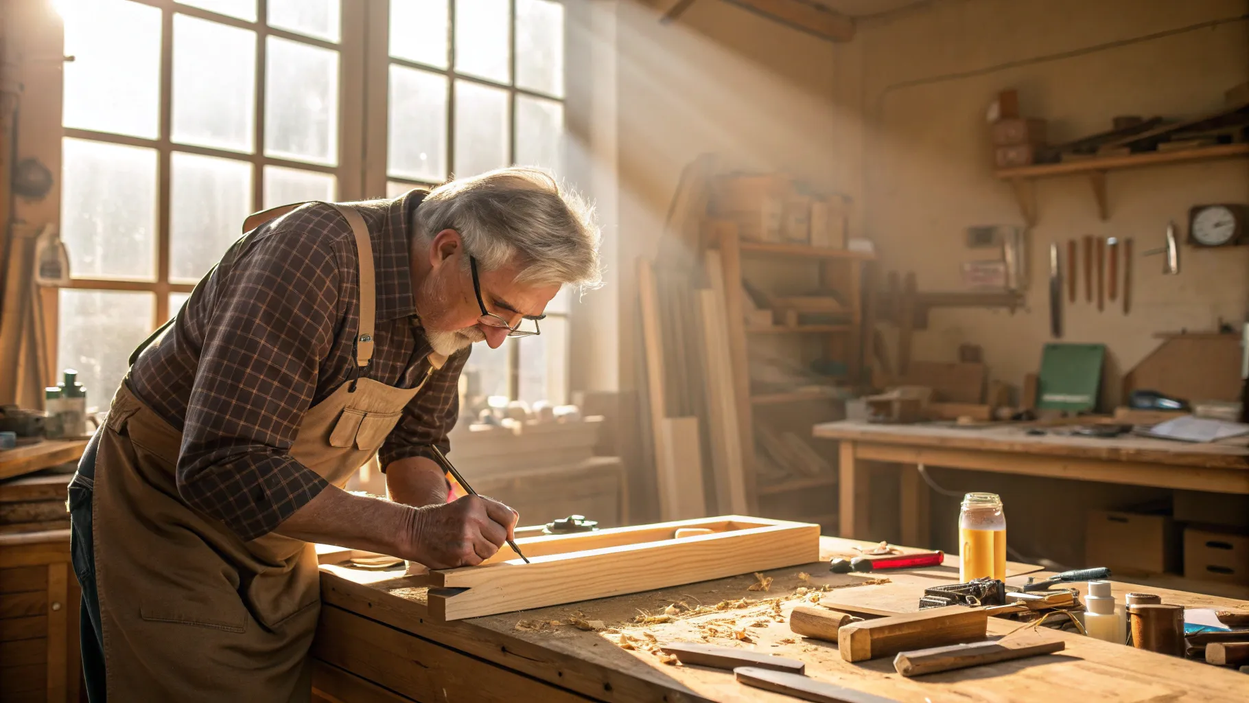 Carpenter Jobs for Seniors depict a senior crafting wood in a bright workshop.