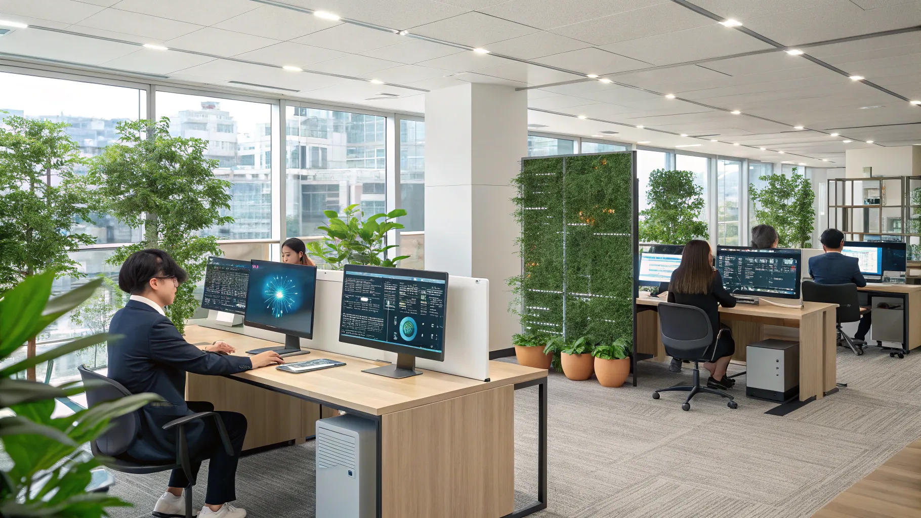 ITの仕事、日本でどれくらい需要ある? A modern office with tech equipment and bright design.