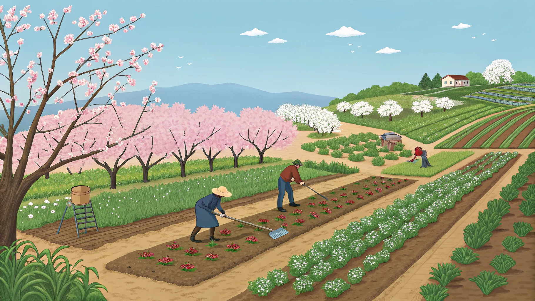 季節農業の仕事、日本でチャンスある? A colorful farming scene in Japan's countryside.