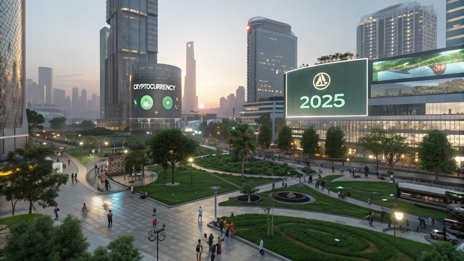 仮想通貨投資 Modern cityscape featuring futuristic buildings and cryptocurrency billboards.