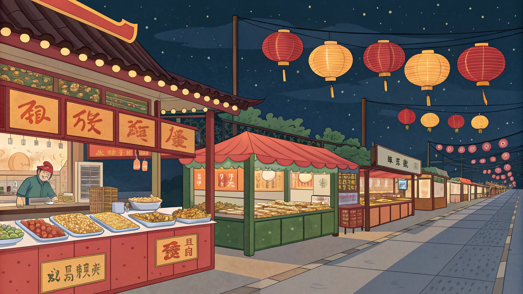 シニア向け台湾旅行 Traditional Taiwanese night market scene with colorful stalls.