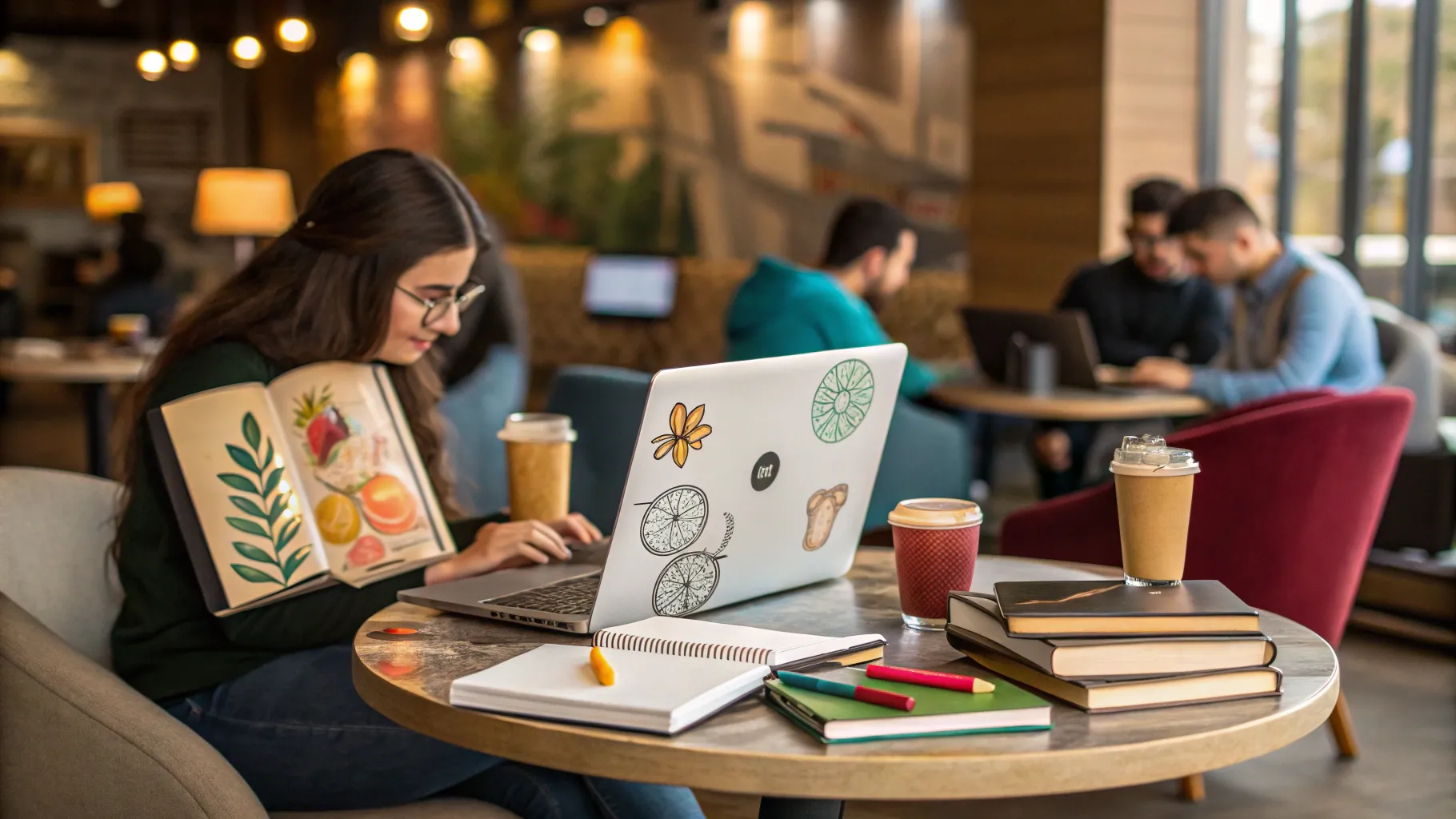学生向けのパートタイムの仕事 surrounded by study materials at a café.