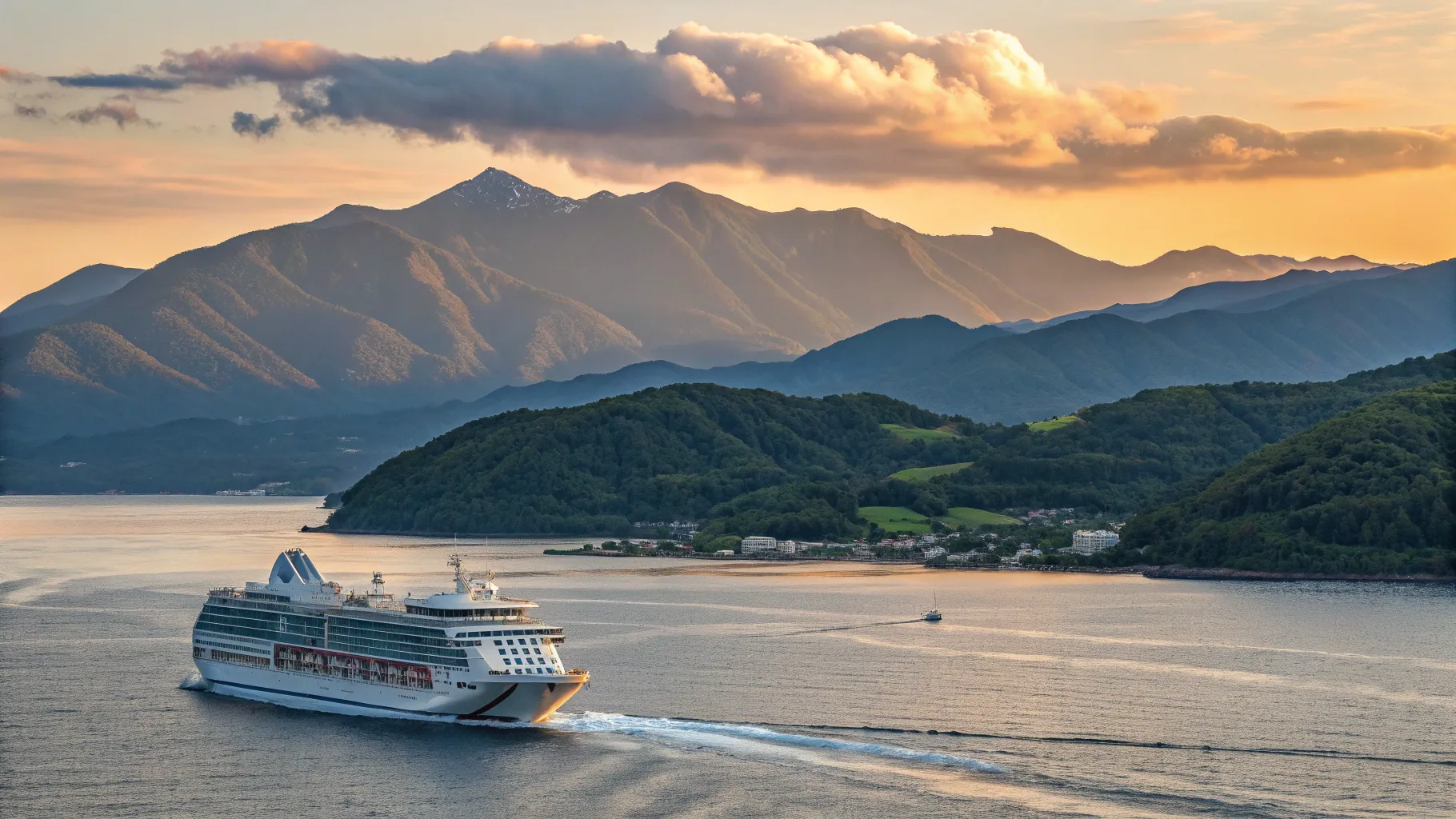 Cruises from Muroran or Hakodate to Sapporo amid a picturesque coastal sunset.
