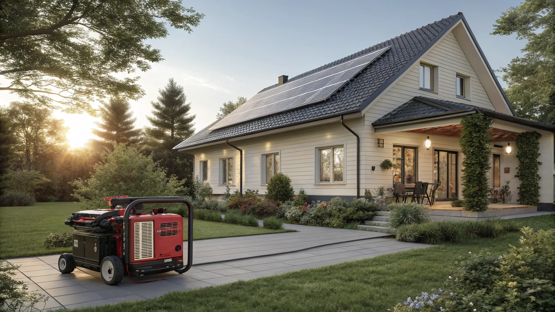 家庭用バックアップ電源用発電機と入手方法 - A serene home with solar panels and a generator.