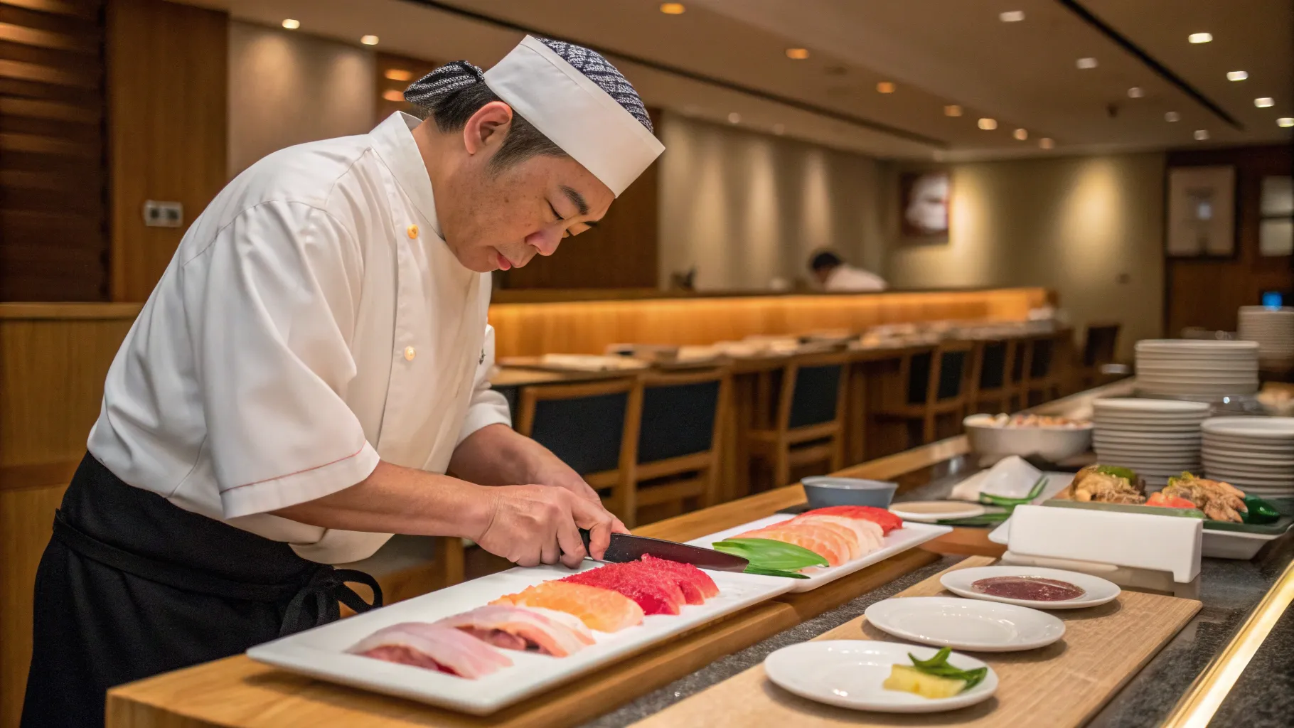 Sushi Chef Careers: A chef slicing fish, showcasing skill and artistry in sushi-making.