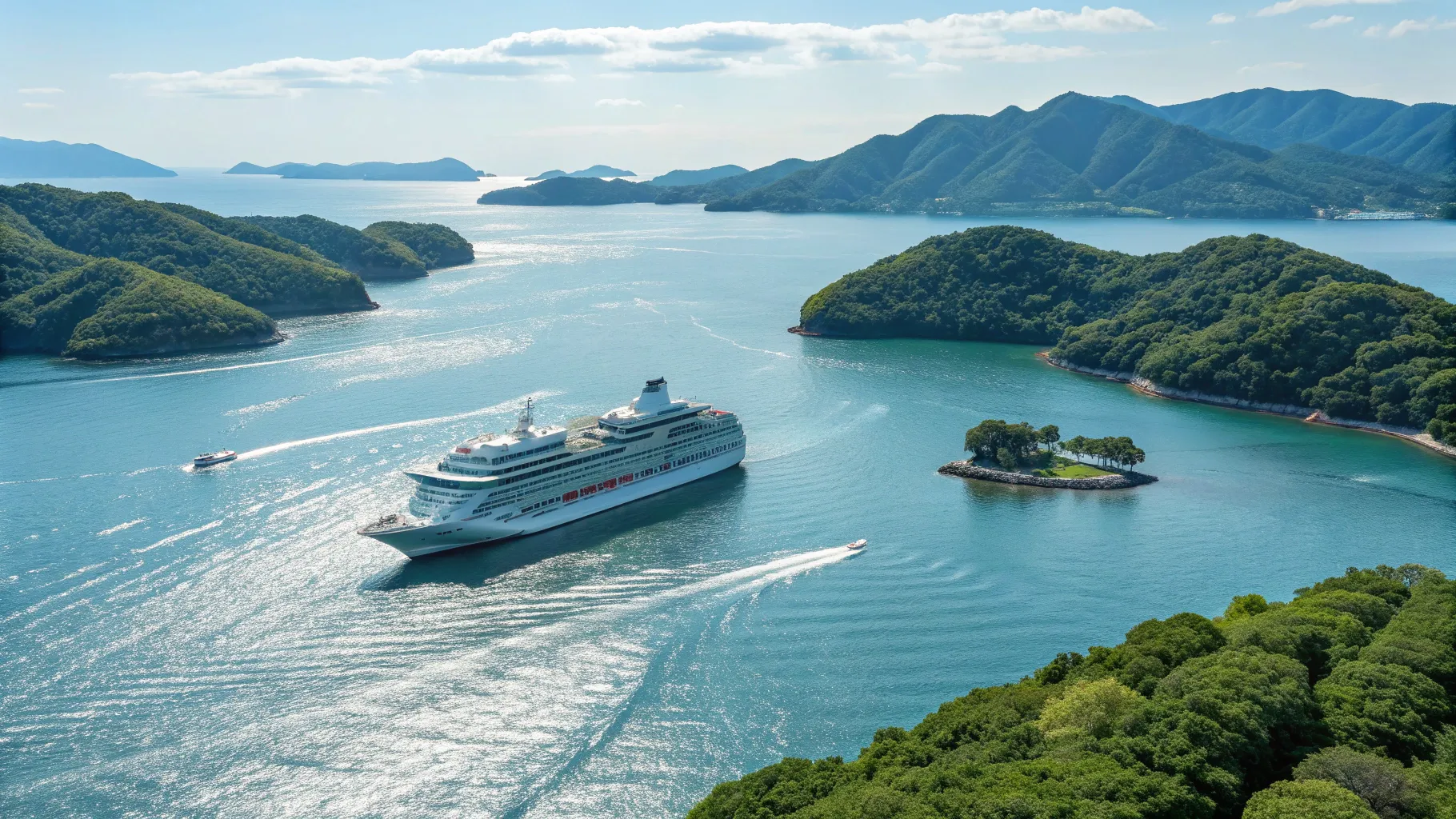 尾道から瀬戸内海へのクルーズについてもっと読む Scenic view of a tranquil cruise in Seto Inland Sea.