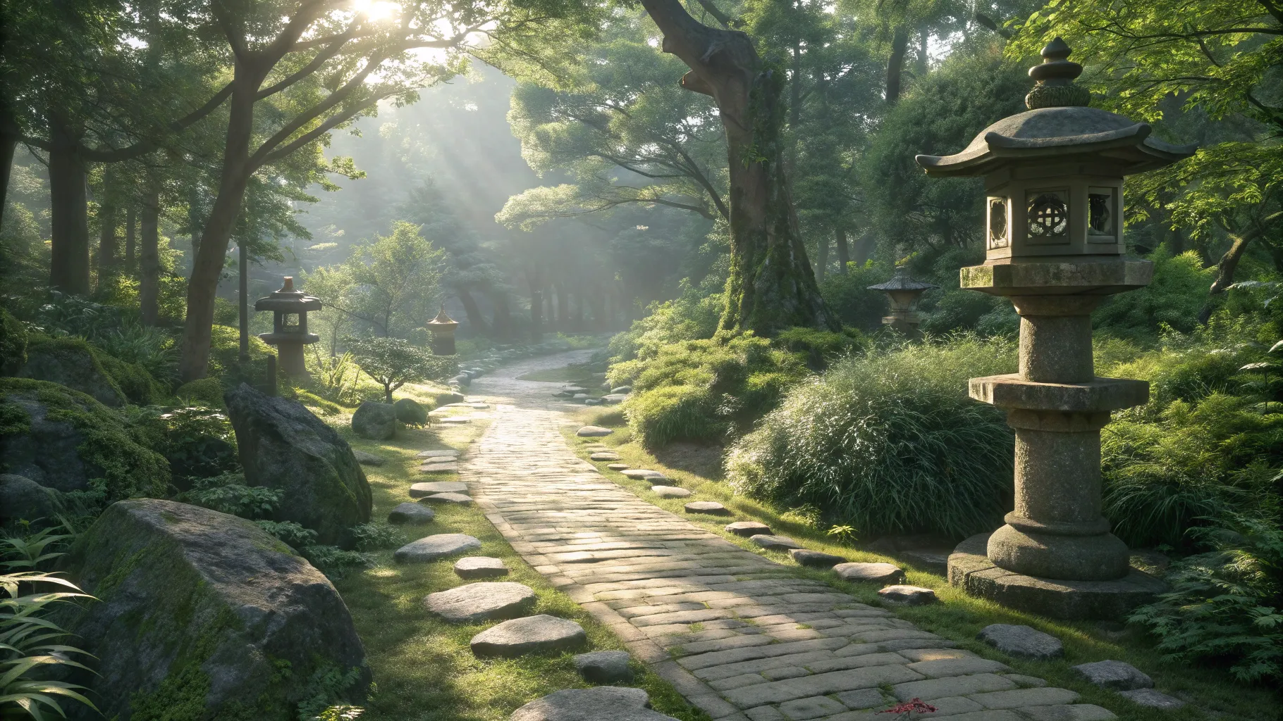 日本のシニア向けツアーガイドの仕事 - Tranquil Japanese garden path inviting exploration.
