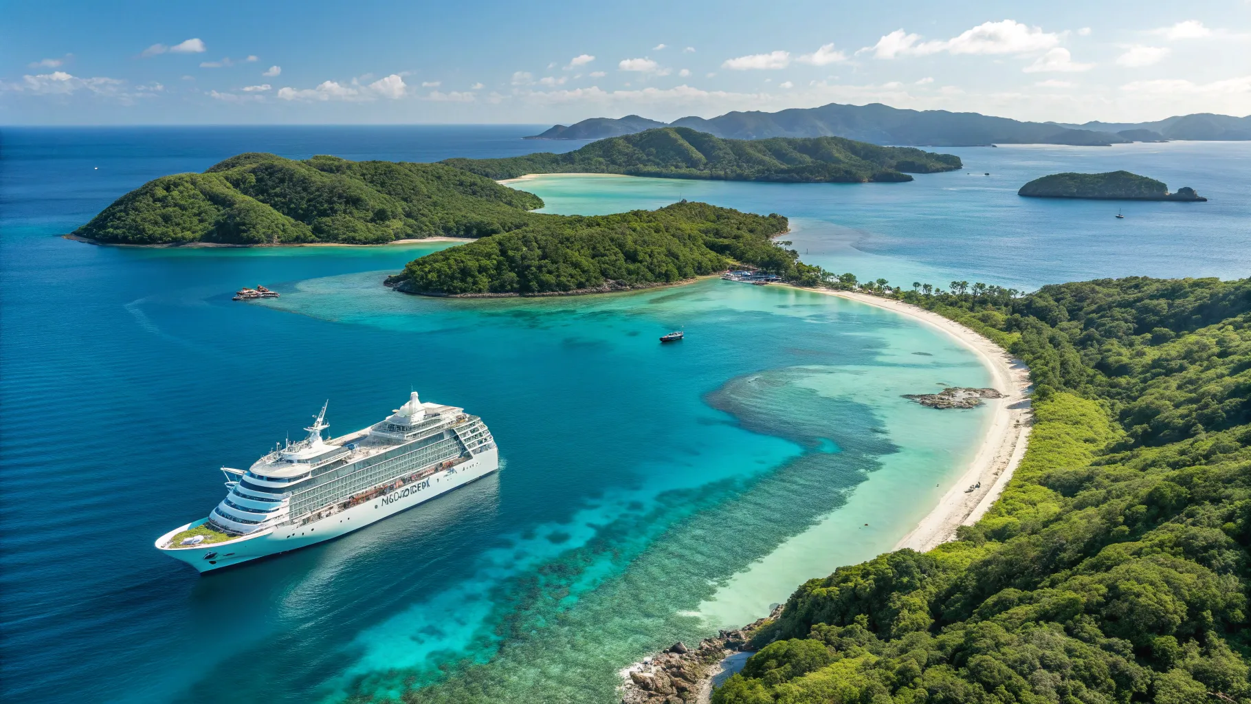 日本発トップ5クルーズ先: Tranquil cruise in Okinawa, surrounded by lush landscapes.