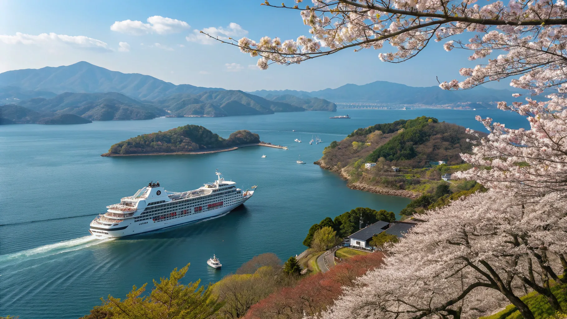 日本周遊クルーズ featuring a luxury ship amidst blossoming cherry trees and coastal beauty.