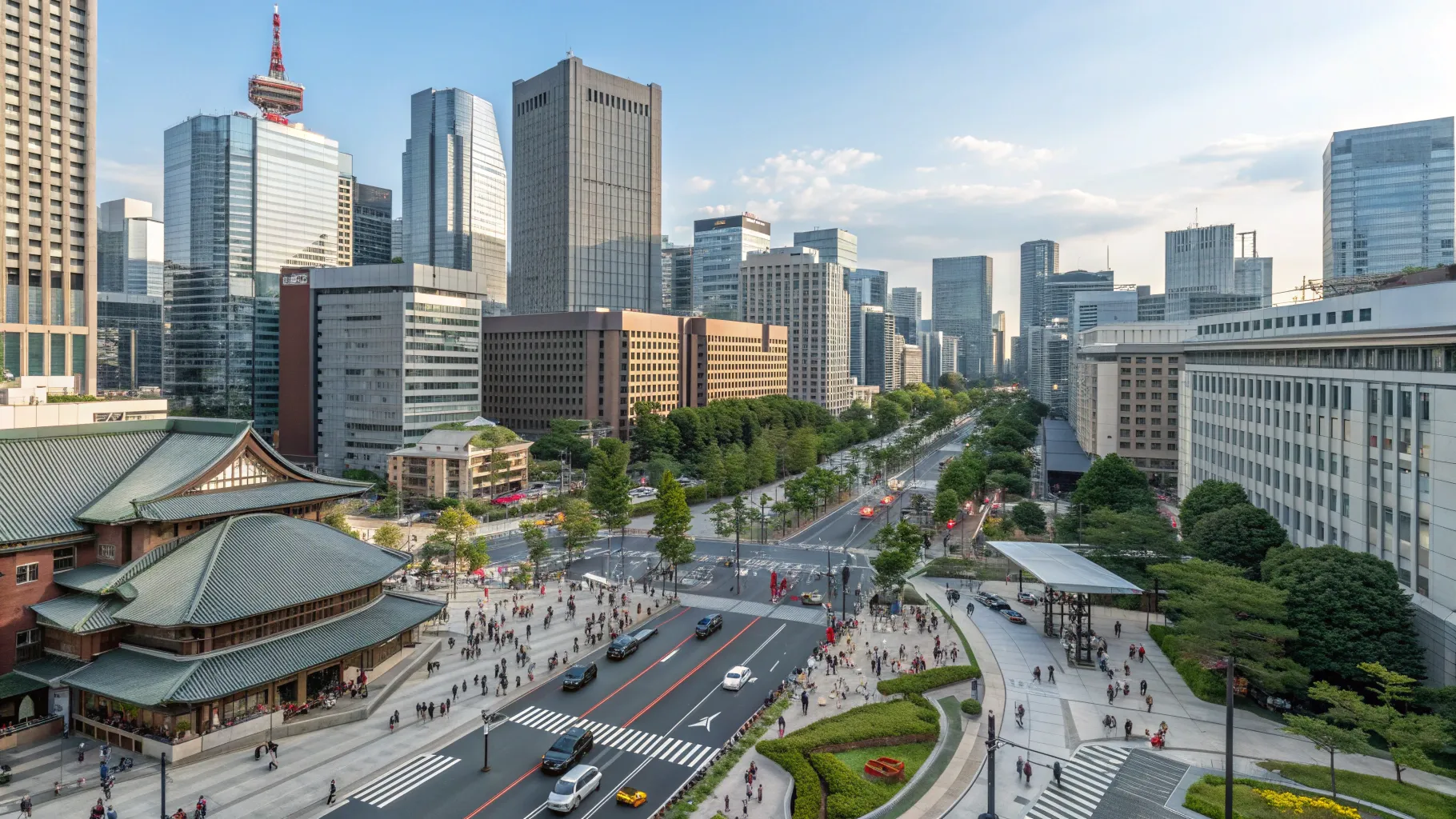 不動産投資ガイド 2025/2026: Vibrant urban life and modern architecture in a Japanese city.