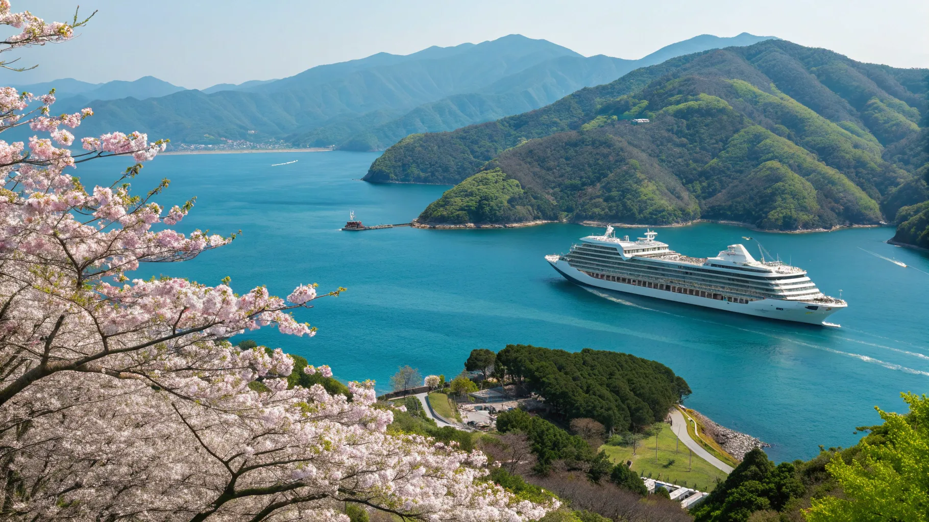 2025年・2026年の日本国内クルーズについて詳しく見る; luxurious cruise ship near Japan's coast.