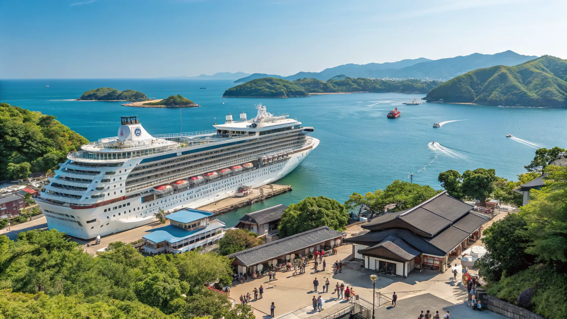 2025年・2026年の日本発クルーズについて詳しく知る Stunning docked cruise ship in Japan.