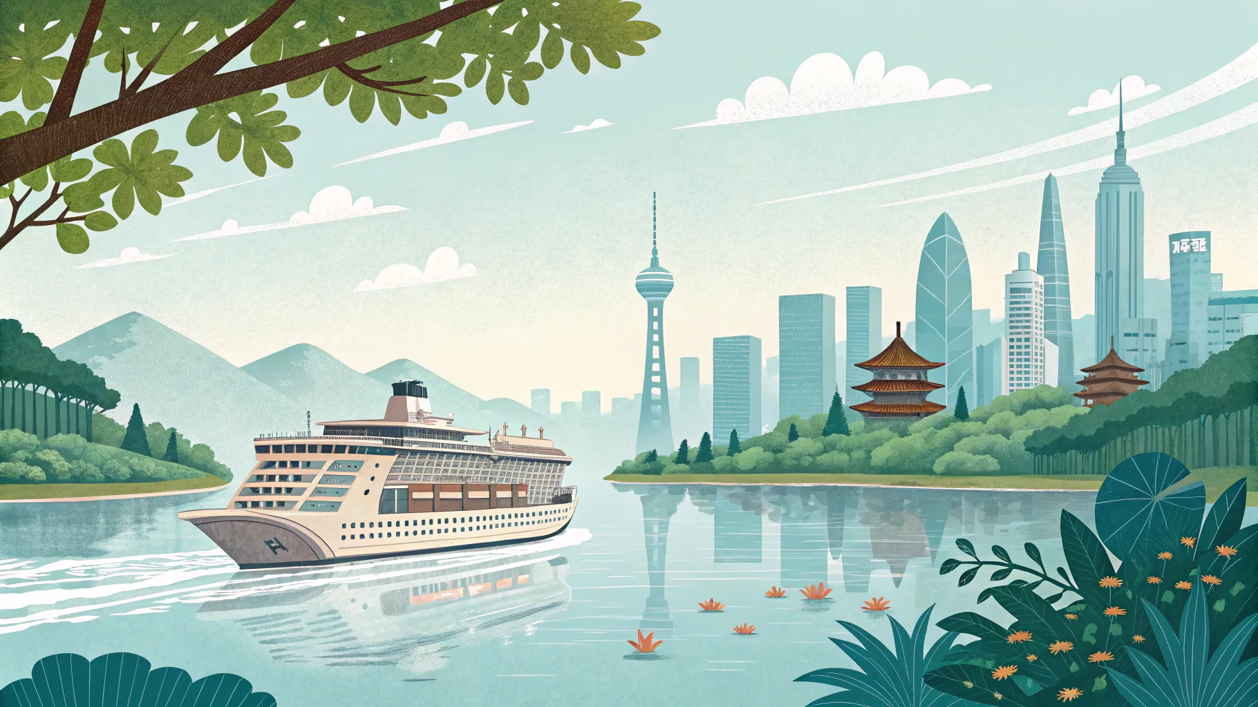 東京からシンガポールへのクルーズ, elegant ship sailing through stunning cityscape waters.